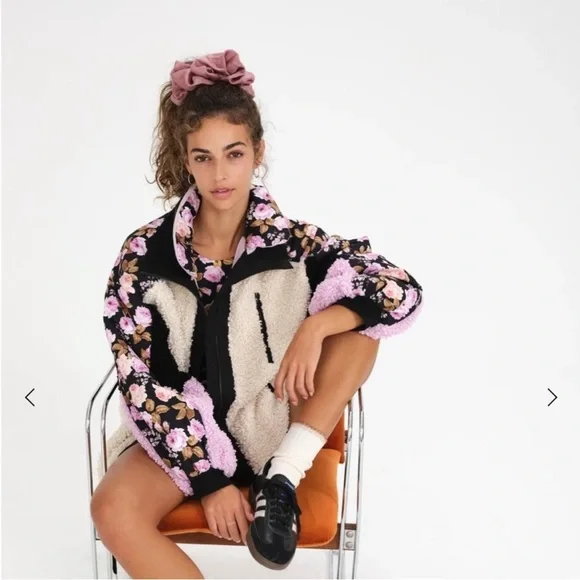 For Love and Lemons Cozy Zip-Up Jacket Colorblock floral stand collar Teddy bear - Picture 3 of 12